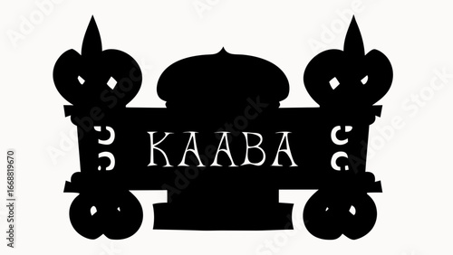 Illustration of a kaaba structure with decorative elements in black and white color scheme graphic design