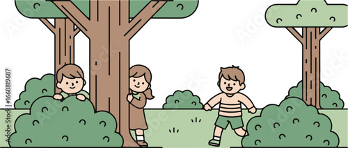 Cute cartoon children playing hide-and-seek, with two kids hiding behind a tree and a bush while one seeks.