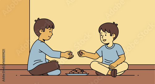 Two young boys in blue shirts sitting cross-legged on the floor playing rock-paper-scissors.