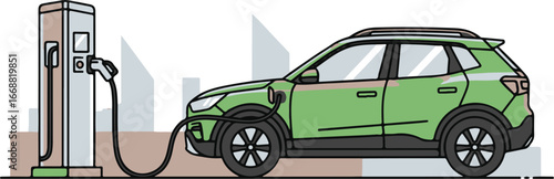Stylized illustration of a green electric SUV car plugged into a charging station, refueling its battery.