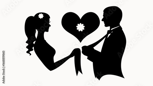 Silhouette of a bride and groom with a heart shape and flower in a romantic wedding scene