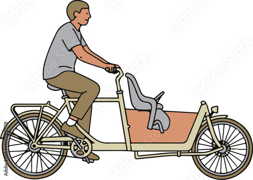 Side profile illustration of a man pedaling a long john style cargo bicycle with a front carrier box and child seat.
