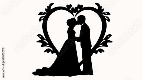 Silhouette of a kissing couple inside a heart shaped frame with decorative leaves and smaller hearts
