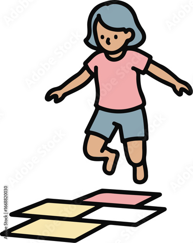 A hand-drawn cartoon girl with short blue hair and a pink shirt jumping playfully mid-air.