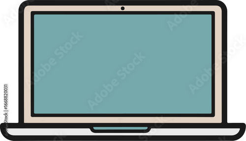 Stylized illustration of an open laptop with a blank teal screen and thick black outlines.
