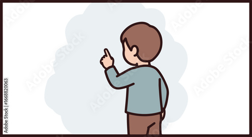 Cartoon illustration of a young boy with brown hair, seen from the back, pointing his index finger.