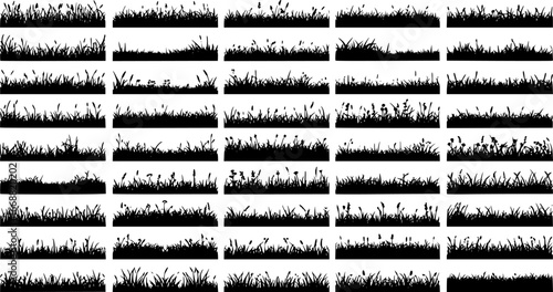 Set of horizontal banners of meadow silhouettes with grass. hand drawn.  Vector illustration.
