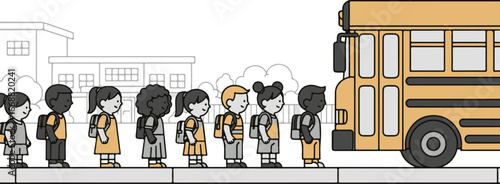 Diverse cartoon children with backpacks in a single file line waiting to board a classic yellow school bus.