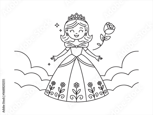 Adorable Princess in a Gown Holding a Rose, Ideal for Magical Illustrations