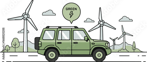 A green electric SUV with a roof rack and rear spare tire, illustrated in a clean, modern line art style.
