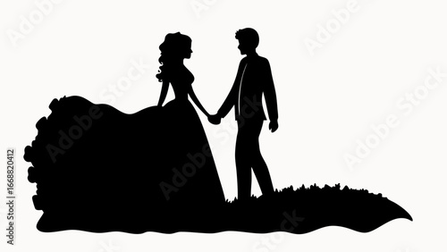 Silhouette of a bride and groom holding hands in a wedding scene with a white background and dark figures