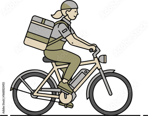 Side profile illustration of a female courier riding an electric bike with a large delivery backpack.