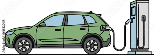 Illustrated green electric SUV car plugged into a charging station, side profile view.