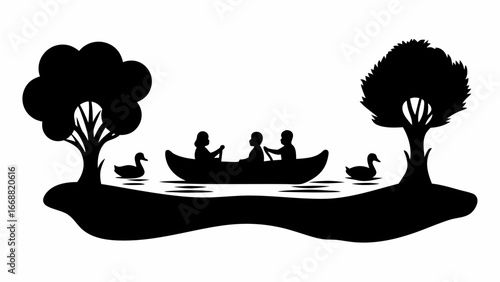 Silhouette of people in a canoe on a lake with trees and ducks creating a scenic nature scene view | editable eps vectors