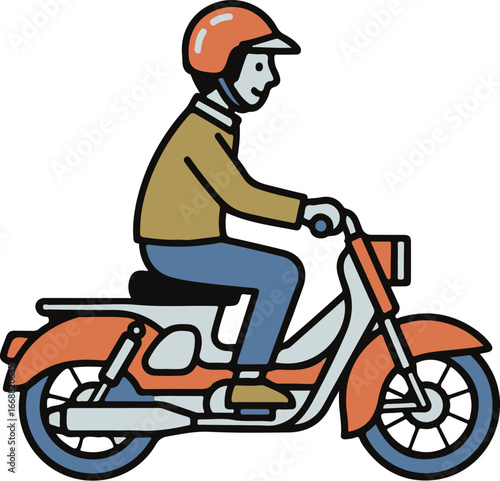 Stylized cartoon illustration of a person in an orange helmet riding a classic orange moped.