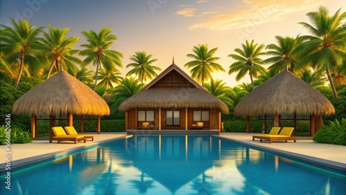 Wallpaper Mural Tropical Resort Infinity Pool at Sunset. Thatched Bungalows and Turquoise Water. Sunset View at Luxury Island Resort. Torontodigital.ca