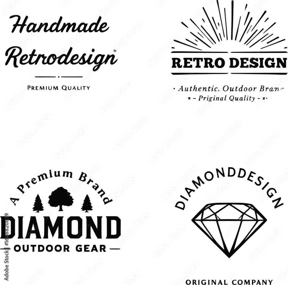 Obraz premium Retro and Outdoor Logo Vector Set – 4 Unique Designs Featuring Handmade, Diamond Gear, and Authentic Branding Themes