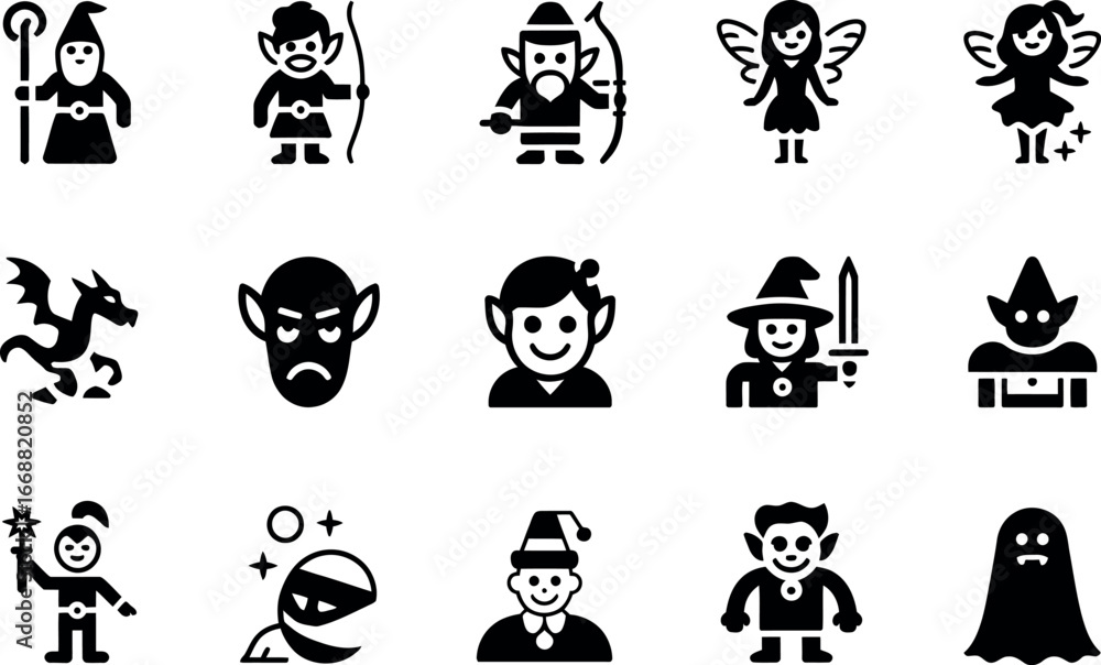 Fototapeta premium Fantasy Character Icons: Bold Black Glyph Style, Magical Mood
