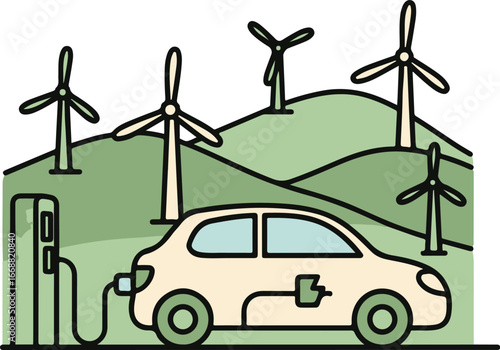 A cartoon electric car charging at a station with a background of rolling green hills and wind turbines, representing sustainable energy.