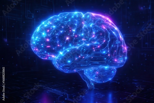 A futuristic brain made of interconnected circuitry glows with vibrant neon lights against a dark background