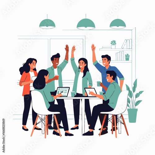 Diverse business professionals celebrate a successful project, demonstrating teamwork and collaboration with enthusiastic high-fives in a contemporary office setting.