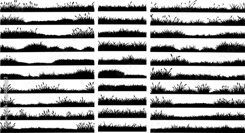 Set of horizontal banners of meadow silhouettes with grass. hand drawn.  Vector illustration.
