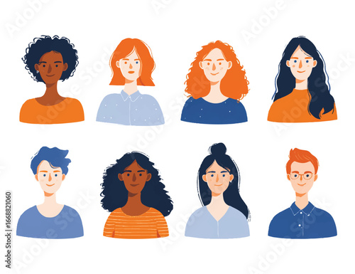 Diverse group of young people illustration featuring a variety of hairstyles and skin tones for inclusivity and representation