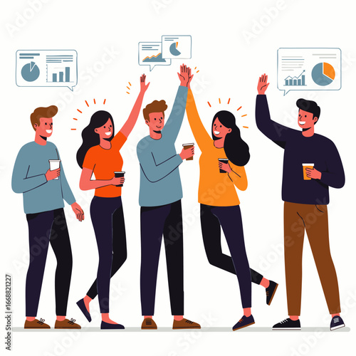 A diverse group of cheerful business professionals celebrates a successful project with enthusiastic high-fives and shared data insights, fostering strong teamwork.