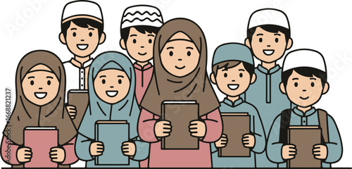 A cheerful group of cartoon Muslim children, boys and girls in hijabs and kufis, holding books and smiling.