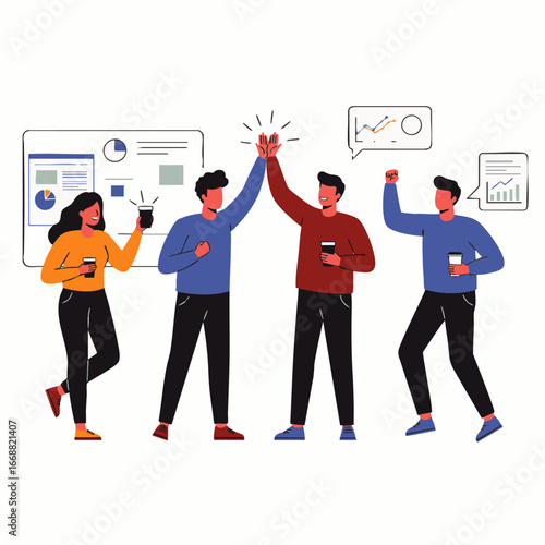 A diverse and enthusiastic professional team joyfully celebrates a successful project achievement with a high-five, demonstrating strong collaboration and shared success.