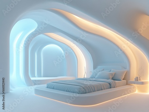 Modern bedroom design featuring curved architecture and soft lighting for a serene ambiance