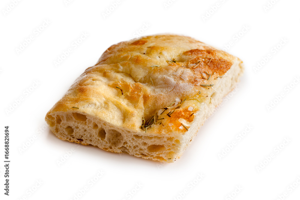 Fetta di focaccia con olio di oliva, rosmarino e sale, cibo italiano Fetta di focaccia con olio di oliva, rosmarino e sale, cibo italiano