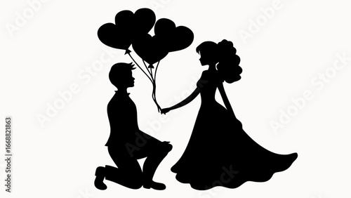 Silhouette of a man proposing to a woman with heart shaped balloons in a romantic setting shown