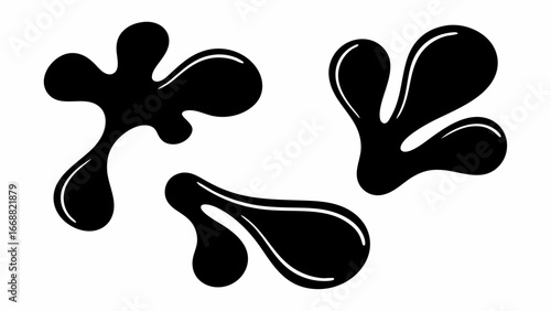 Three black ink blots with glossy highlights scattered on a white background in a simple illustration | editable eps vectors
