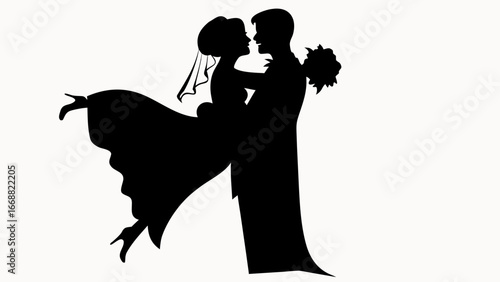 Silhouette of a groom lifting his bride in a celebratory wedding embrace with floral bouquet held tight