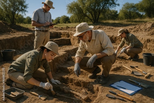 Wallpaper Mural Archaeologists meticulously uncovering history in a sun-drenched field, with tools of discovery at their feet Torontodigital.ca