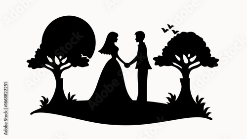 Silhouette of a bride and groom holding hands in a park with trees and birds in black and white style