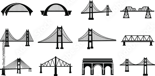Bridge silhouette vector set with suspension, arch, truss, and cable‑stayed designs plus monumental arch structure in black solid style