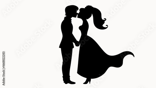 Silhouette of a newly married couple sharing a kiss while holding hands in a romantic pose