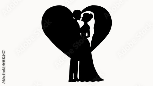 Silhouette of a bride and groom embracing inside a heart shape against a white background display image