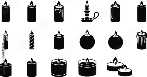 Candle icon set vector illustration in black and white with various shapes, holders, melted wax designs, and multiple wick styles