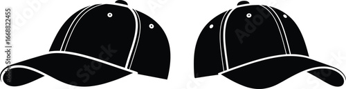 Baseball cap silhouettes, front and side views, curved brim, white stitching, casual headwear, vector illustration, black and white style, minimalist fashion design, stock art