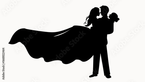 Silhouette of a groom carrying his bride with a long flowing dress in a romantic embrace pose
