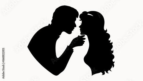 Silhouette of a man touching the face of a woman with curly hair in an intimate moment of affection