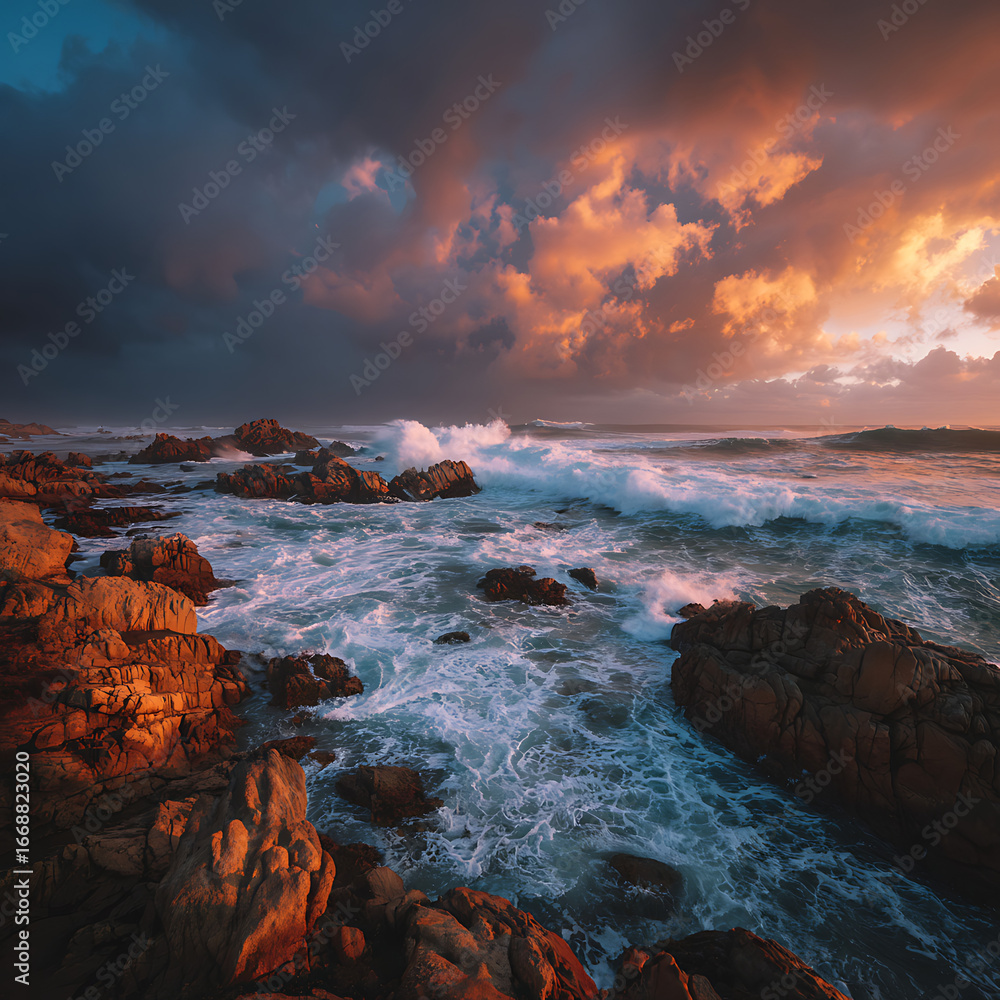 Obraz premium Powerful Ocean Waves Crashing Against Rocks at Sunset