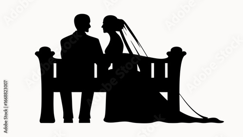 Silhouette of a bride and groom sitting on a bench in black and white wedding celebration scene