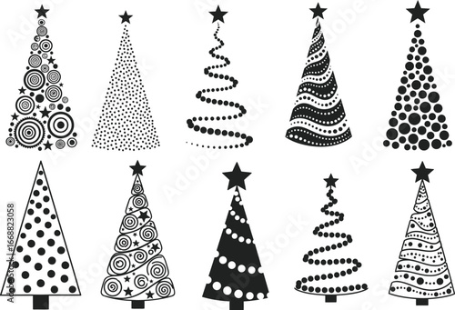 Christmas tree icon. Set of black christmas tree icons on white background. Vector illustration 