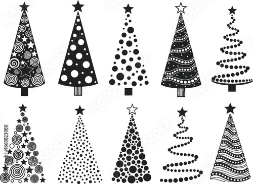 Christmas tree icon. Set of black christmas tree icons on white background. Vector illustration 