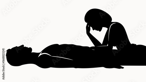 Silhouette of a woman grieving over a man lying down in a black and white illustration style image