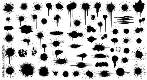 Big set of blots and vector abstract elements. Black inked splatter dirt stain splattered spray splash with drops blots isolated. Ink splashes stencil. Drops blots isolated.